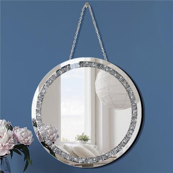 Crystal Crush Diamond Round Silver Mirror with Iron Chain for Wall Decoration - Picture 1 of 6